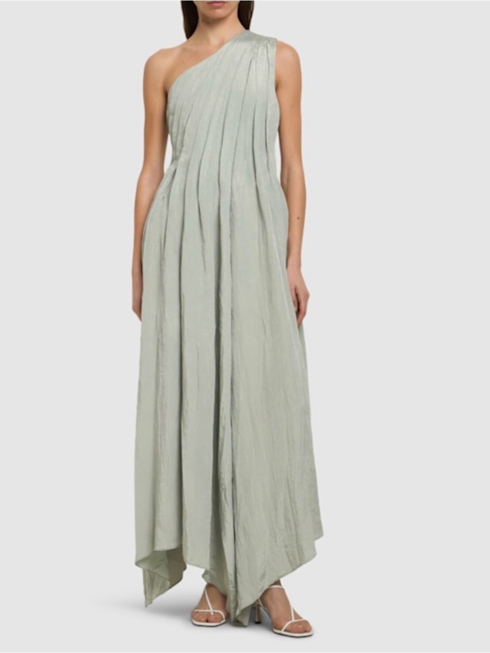 ABADIA One Shoulder Asymmetric Crinkled Pleated Light Khaki Sage Green 4 NWT - Picture 2 of 8